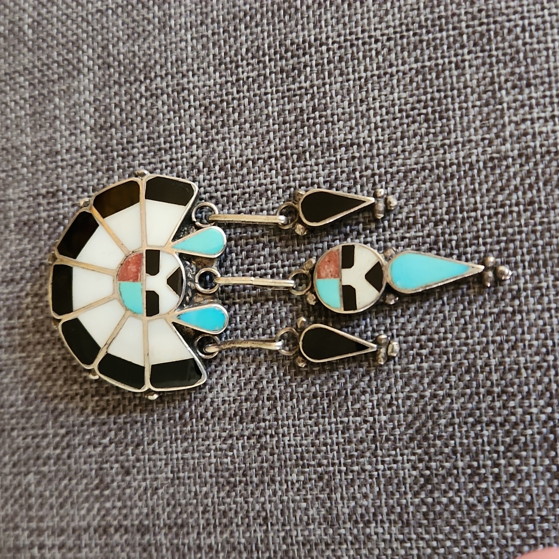 Vintage Native American Zuni Handmade Gemstone Dangle Headdress Pendant/Pin
